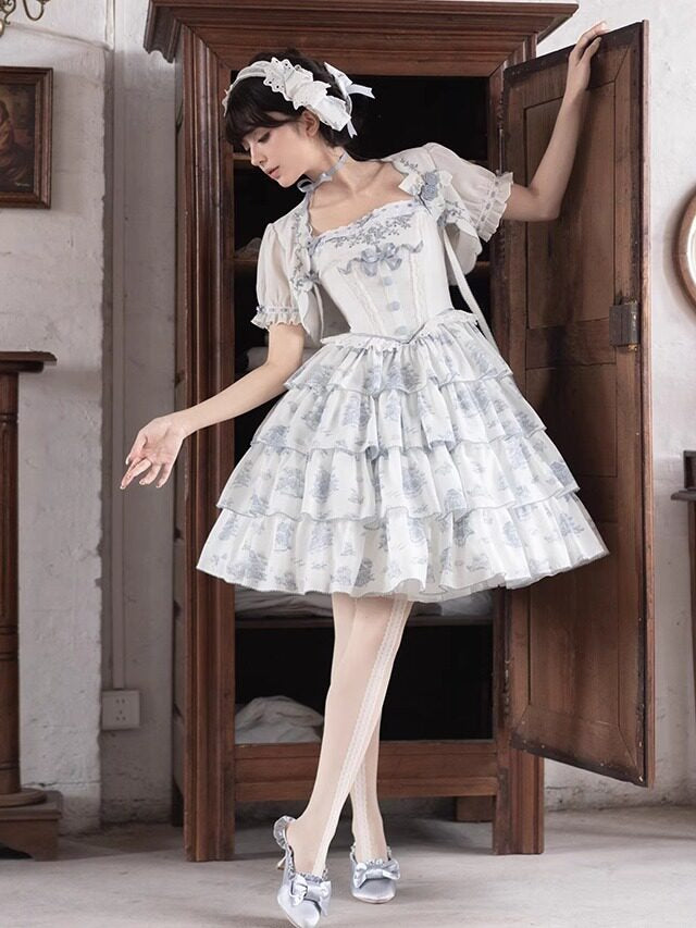 White Lace Trim Collar with Blue Floral Pattern - CEL