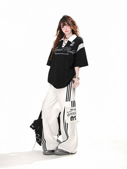 Schwarz/weißes Sport-T-Shirt im Preppy-Stil mit Polokragen