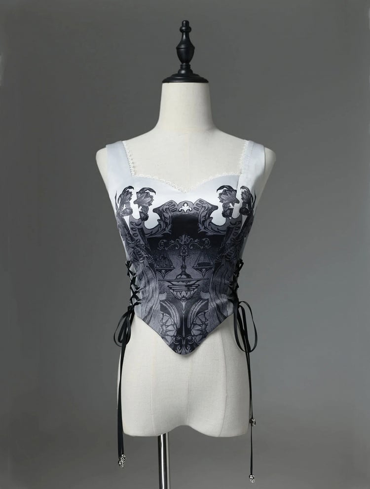 Print Top Gothic Reaper Lolita Grau Entbeint Schuppen Dunkel Grim Korsett und