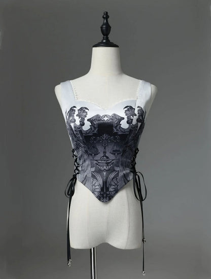 Print Top Gothic Reaper Lolita Grau Entbeint Schuppen Dunkel Grim Korsett und