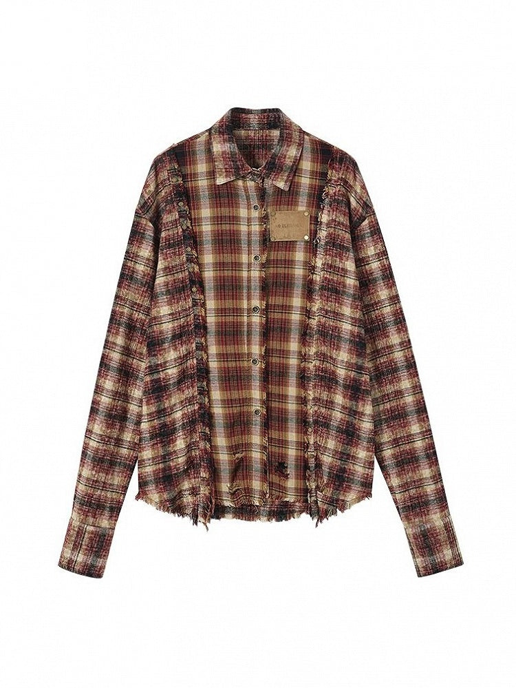 Punk Cotton-linen Red-brown Handcrafted Plaid Tie-dye Shirt