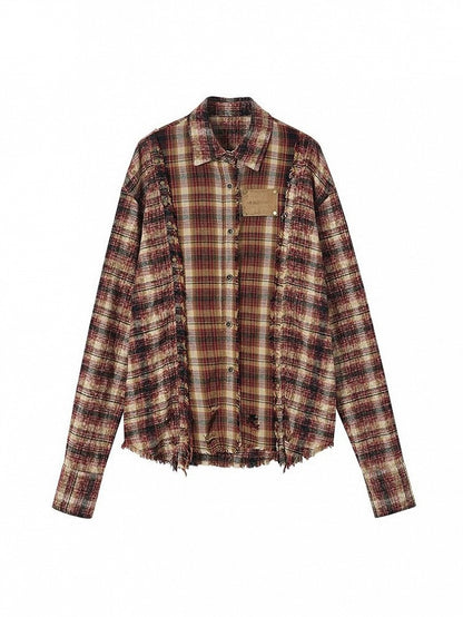 Punk Cotton-linen Red-brown Handcrafted Plaid Tie-dye Shirt
