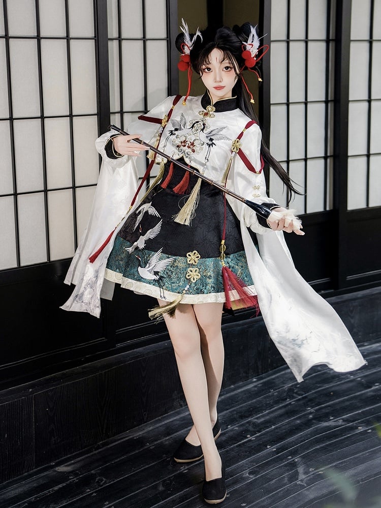 Green Chinoiserie + Balck White Cropped Crane Dress Lolita Tassel Top with Accents Embroidery