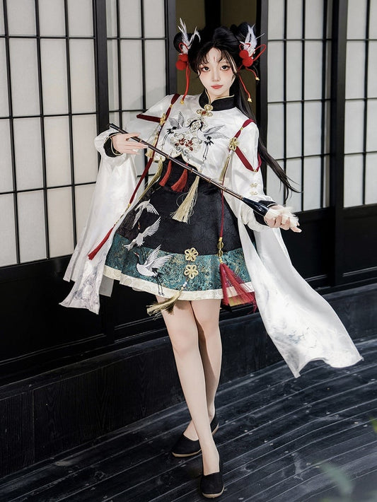 Green Chinoiserie + Balck White Cropped Crane Dress Lolita Tassel Top with Accents Embroidery