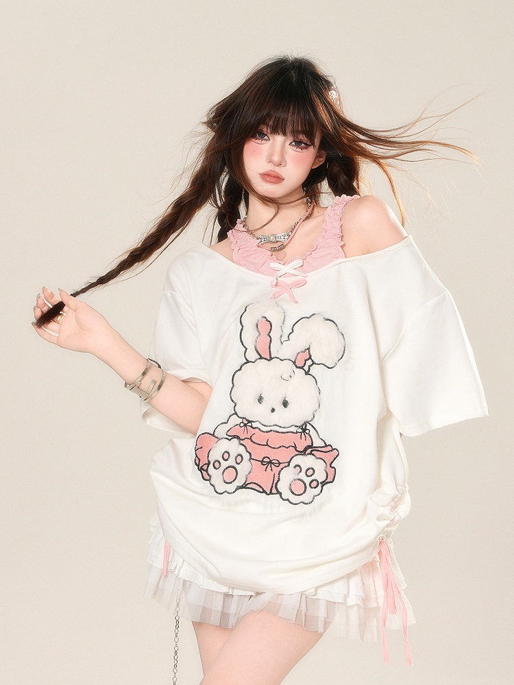 T-Shirt Muster Entzückende Ausschnitt Schulter Kordelzug Taille Bunny Weiß Lose