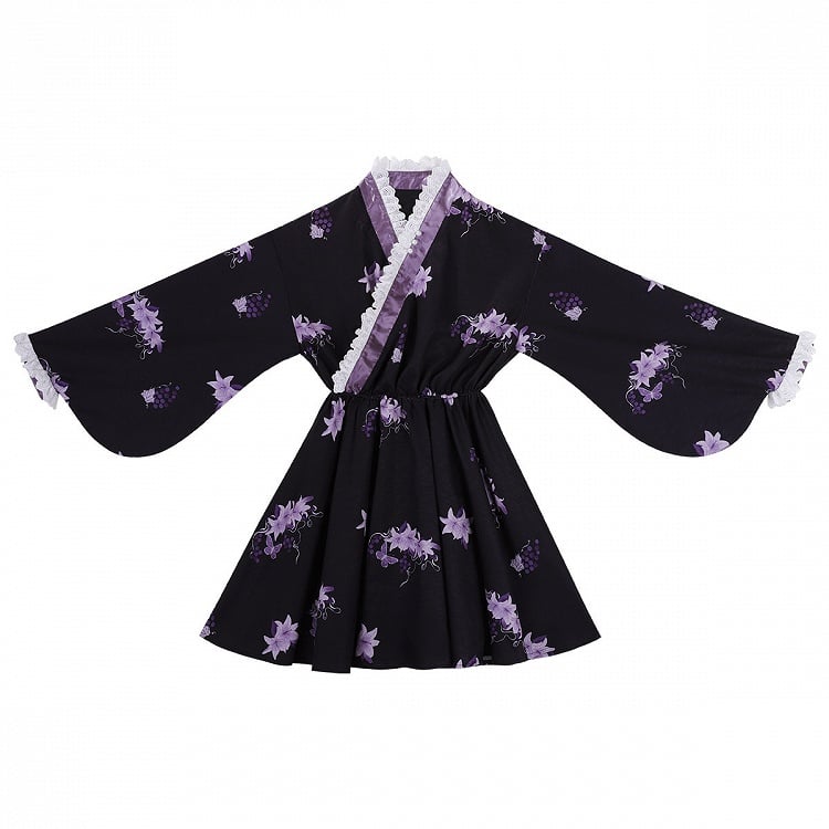 Floral Crossover Dress Neck Black Overdress Purple + Lolita Skirt Han Print Tulle