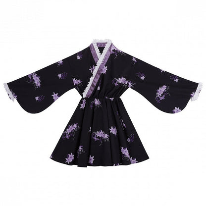 Floral Crossover Dress Neck Black Overdress Purple + Lolita Skirt Han Print Tulle