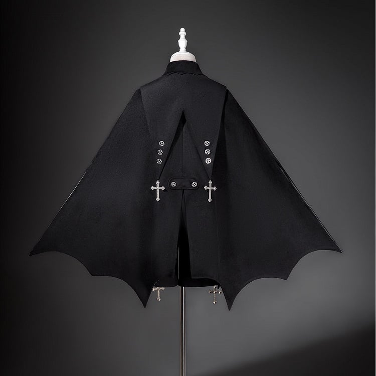 Hem Sleeves Cross Shorts Black Ouji Lolita Curved + Embroidery Bat-Wing Cape Long Top Gothic