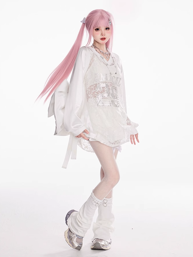 Sweatshirt Weiß V-Ausschnitt Kontrast Spitze Patches Nummer Applikation Sommer