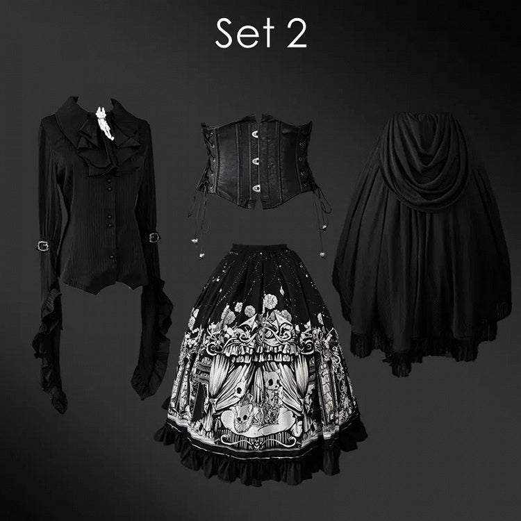 Dark + Set Black - Belt Full Plus Sleeves Shirt Lolita Available Skirt Corset Sizes Gothic Long