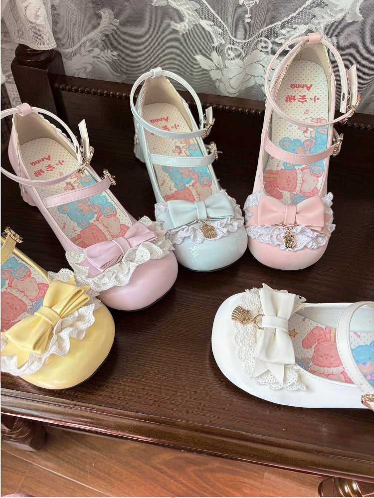 Shape Mid-heel Pudding Mary Heel Decor Jane Round Shoes Pumps Cute Toe Blue with Sweet - Lolita Bow