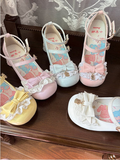 Shape Mid-heel Pudding Mary Heel Decor Jane Round Shoes Pumps Cute Toe Blue with Sweet - Lolita Bow