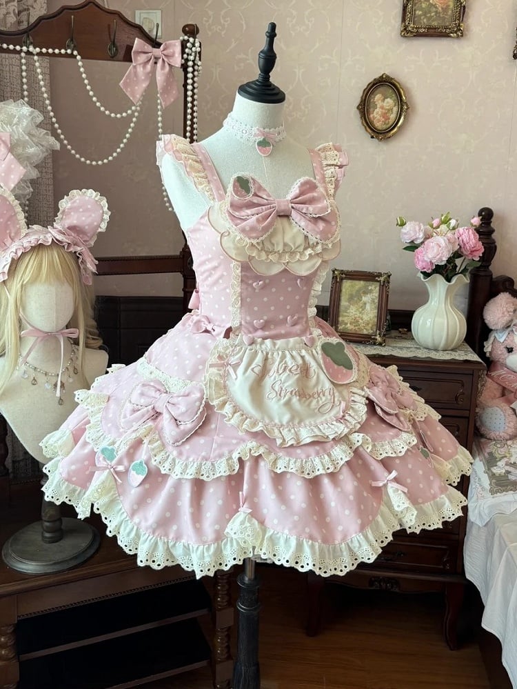 Details Pink Lace with Light Bow Dot Sweet Strawberry JSK and Lolita Polka Themed Dress