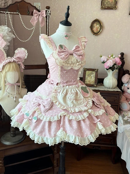 Pink + Bonnet Lolita with Ear and Dress Themed Strawberry JSK Full Polka Bunny Hairband Set Dot Light Bow Lace Details Choker Sweet