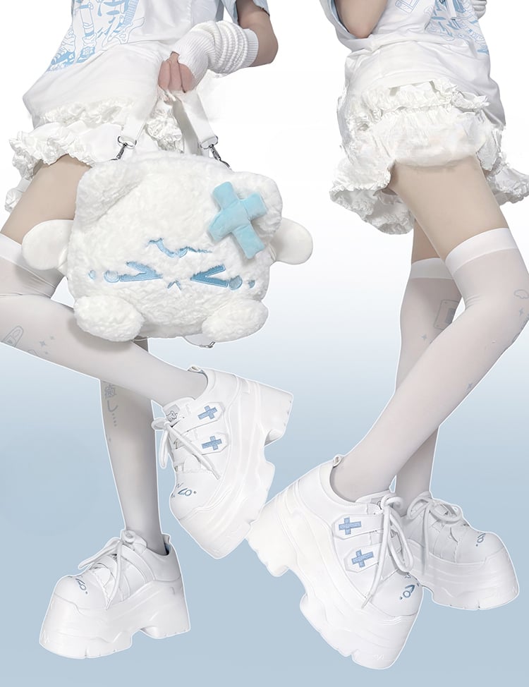 Yami Kawaii Matte White Cross Velcro Strap Kitty Ears Platform Shoes