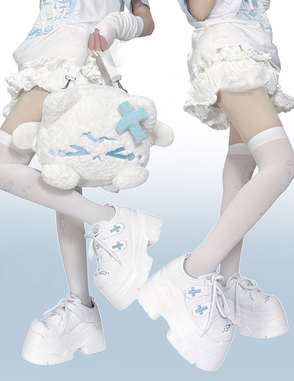 Yami Kawaii Matte White Cross Velcro Strap Kitty Ears Platform Shoes