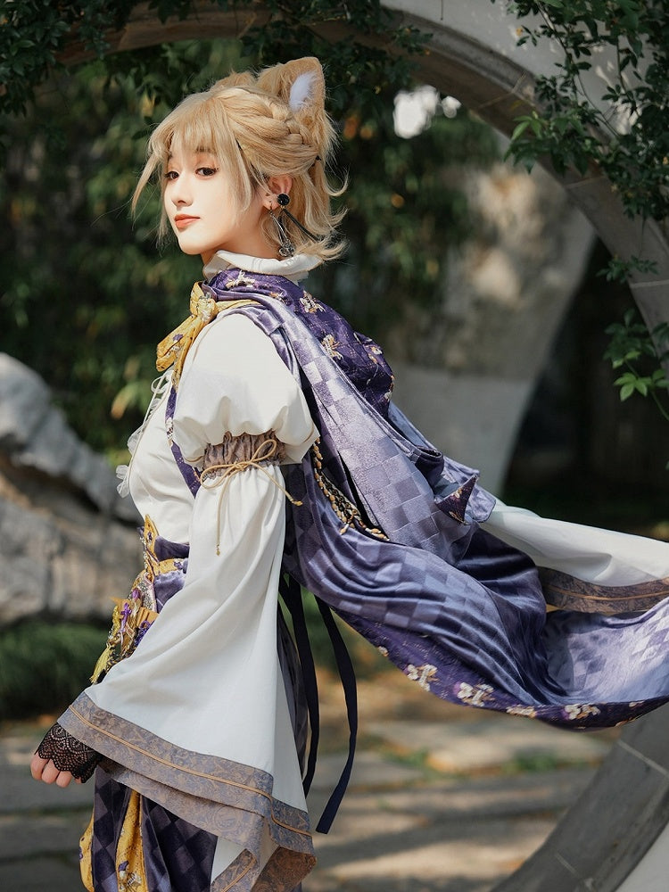 Yellow & Purple Checked Pattern Lolita Cape with Embroidered Details - Neoludwig