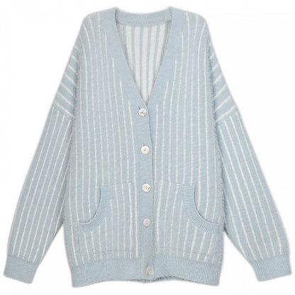 Cute Little Bear Plushie Adorned  Blue Striped Loose Cardigan