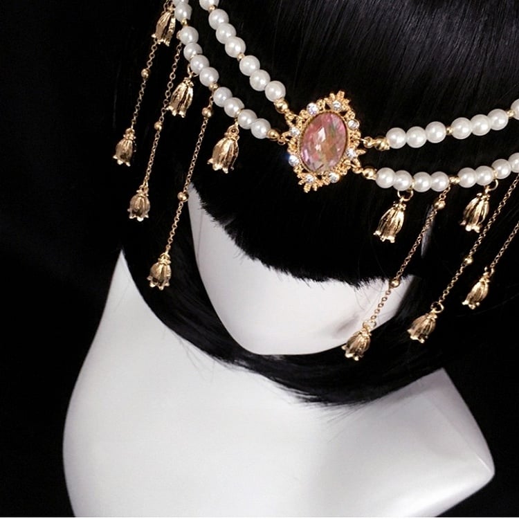 Rhinestone Bell and Center Flowers Tassels Headwear Golden with Beaded