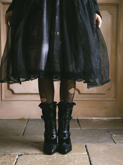 Embossed 7.3CM High Heel Boots with Metal Buckle and Lace Gothic Details - Lacy Bones