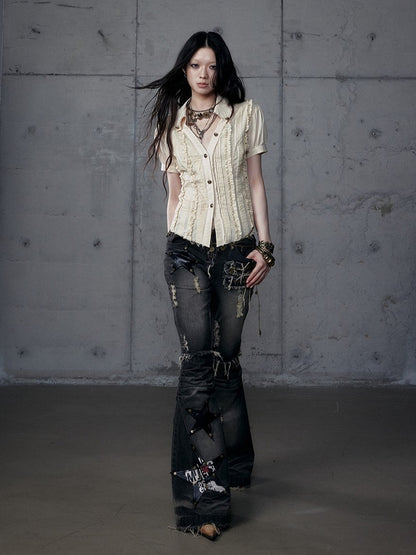 Punk Sleeve Short Pintuck Distressed Wasteland Blouse Pleats with Light Khaki V-Neck Hem