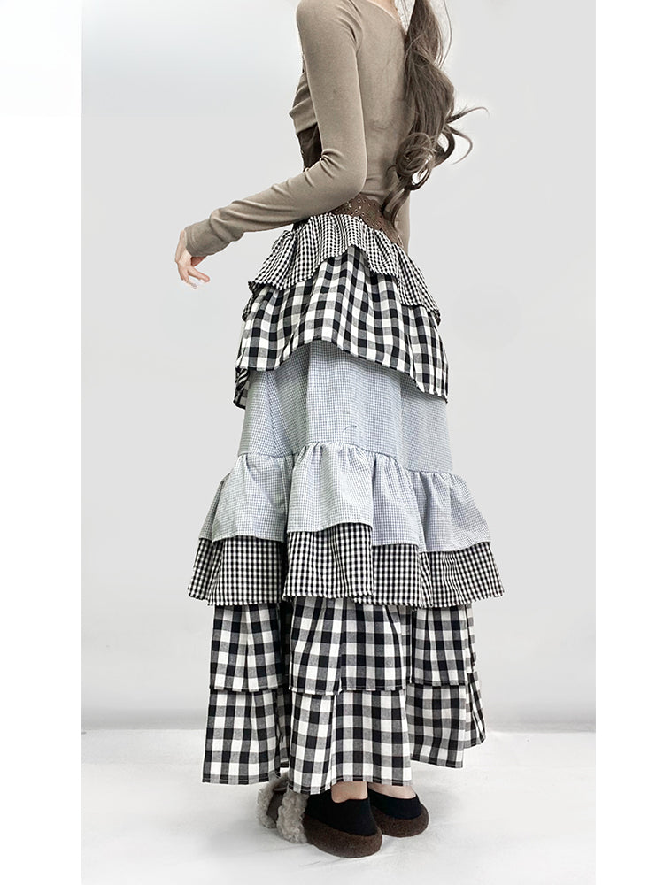 Y2K ブラック＆ホワイト チェック柄 アンクル丈 ティアードスカート