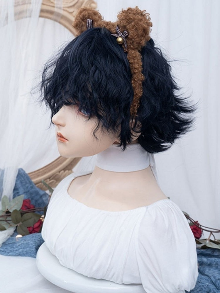 Dark Blue Short Wavy Boy Style Wig