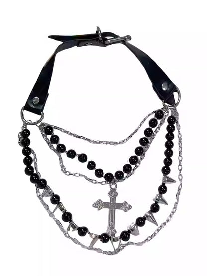 Ohrstecker Schwarze Perlenkette Silber Anhänger Verziert Und Kreuz