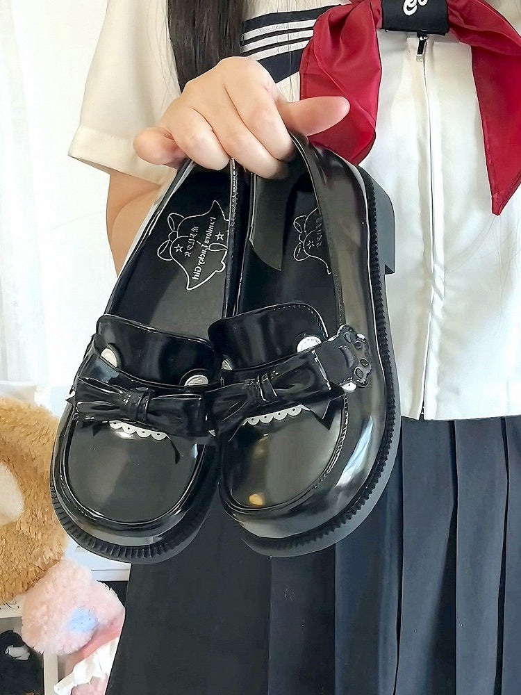 Preppy Style Black Low Heels with Bear Paw & Ear Accents