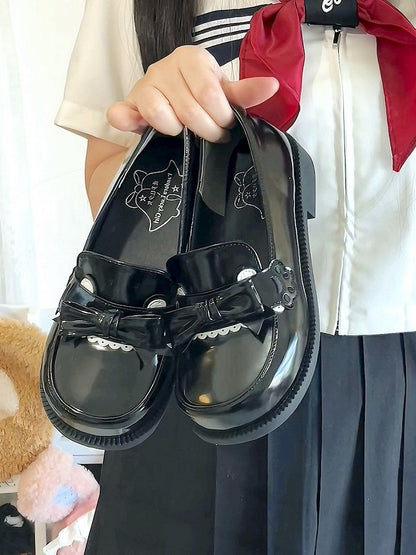 Preppy Style Black Low Heels with Bear Paw & Ear Accents