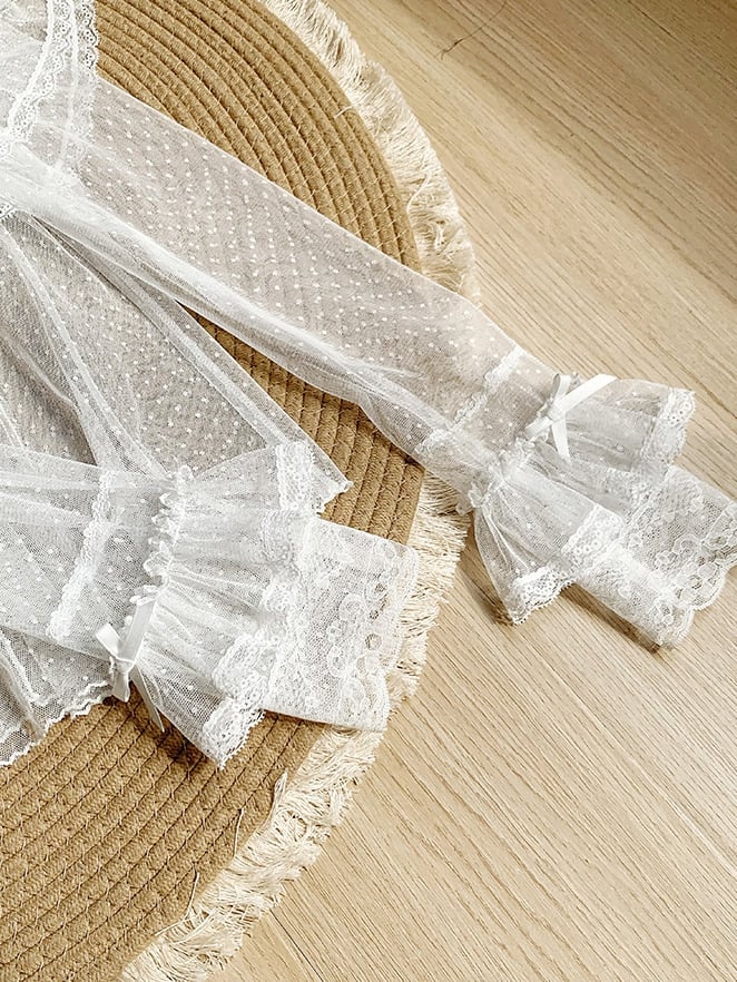 Sleeves Long Sheer Lace Dots Top Tulle White