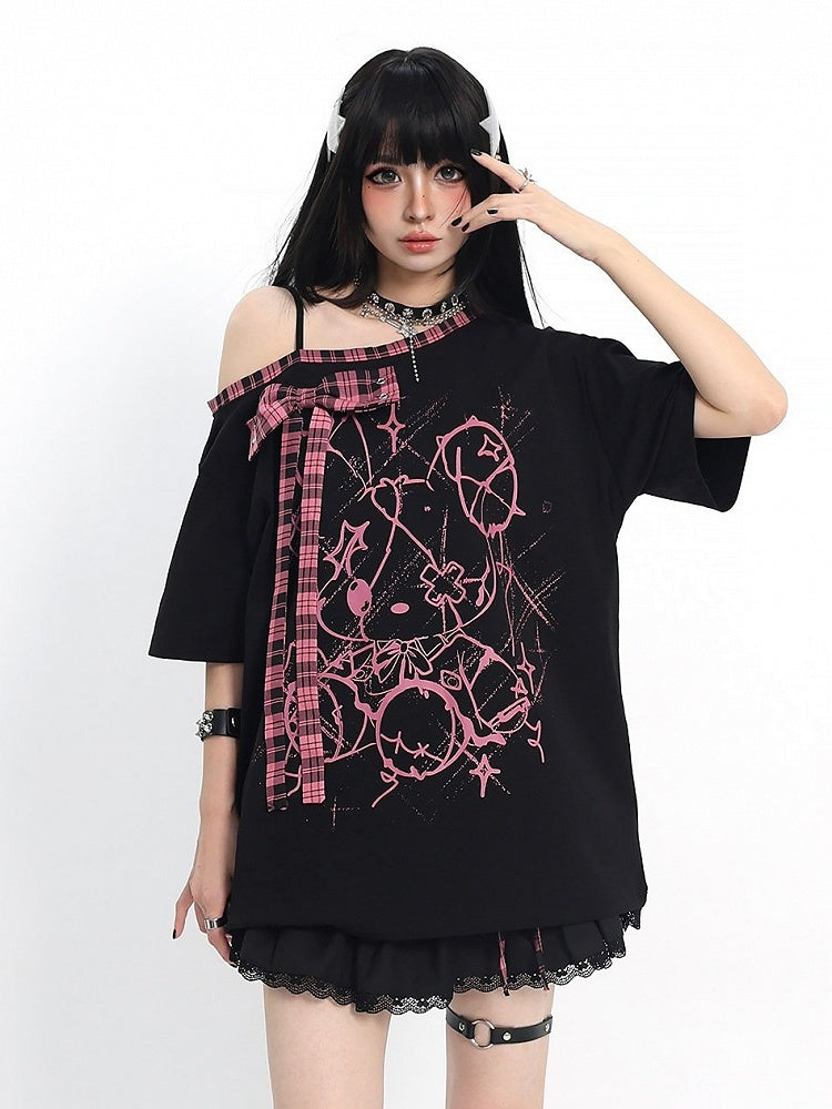 Ebony and Rose Asymmetric Tee with Doll Graphic and Check Bow - Catwish
