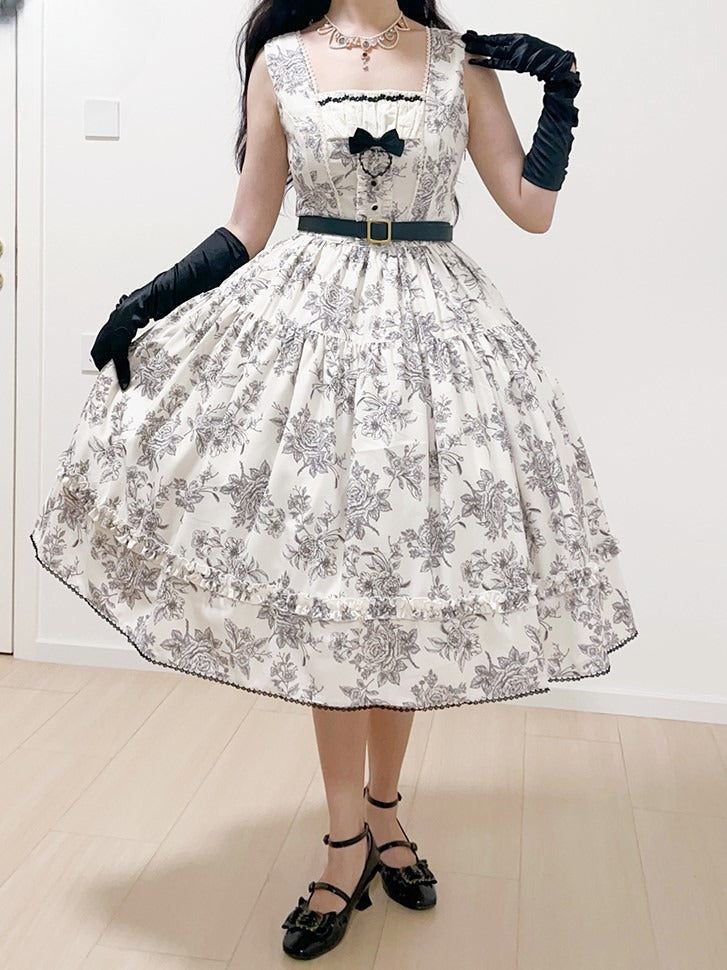 Beige & Black Rosette Print Elegant Classic Lolita JSK Dress with Lace Trim