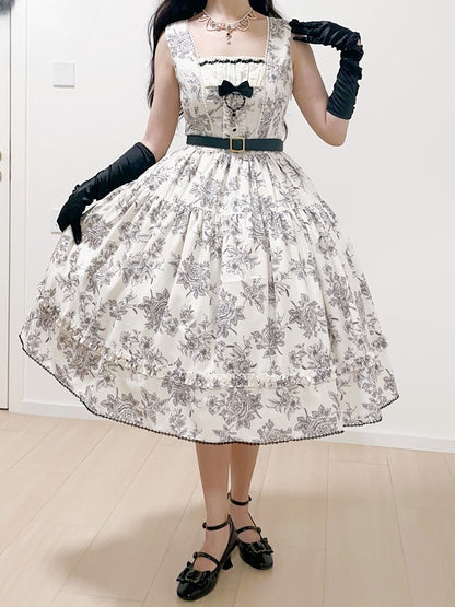 Beige & Black Rosette Print Elegant Classic Lolita JSK Dress with Lace Trim
