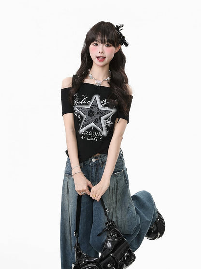 Zweiteiliges Top mit Sternstickerei Schwarz/Weiß Faux Asymmetrisch Off-Shoulder