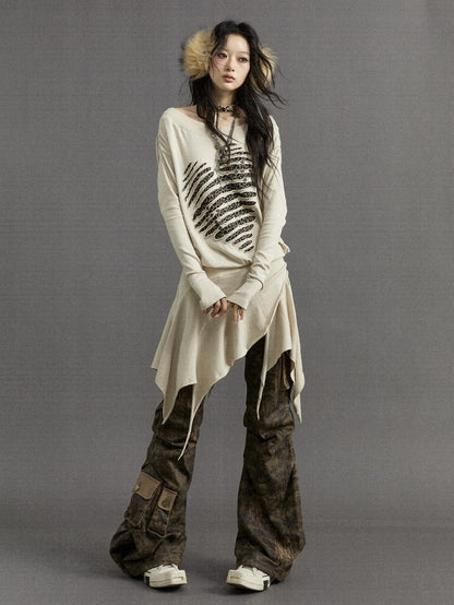 Wasteland Punk – Beiges, asymmetrisches Kleid mit Leopardenmuster und Herzmotiv und langen Ärmeln