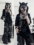 Devil Sleeve Gothic BlackGray Print Hoodiewith Horn HoodCross Short Tie-Dye
