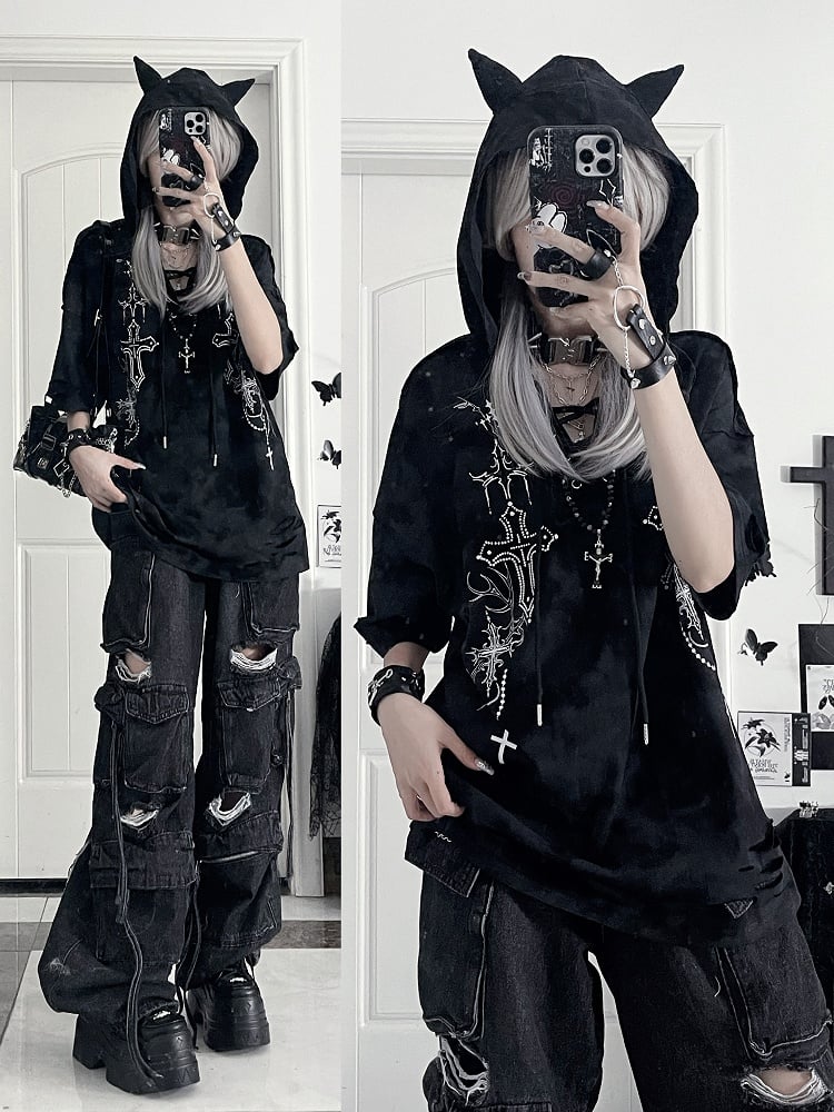 Devil Sleeve Gothic BlackGray Print Hoodiewith Horn HoodCross Short Tie-Dye
