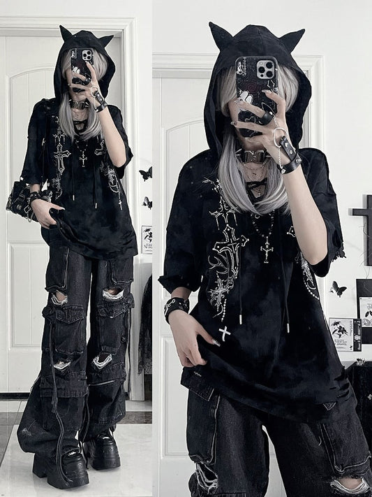 Devil Sleeve Gothic BlackGray Print Hoodiewith Horn HoodCross Short Tie-Dye