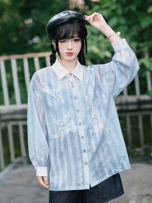 Blue Loose Sun Protection Chiffon Long Sleeve Shirt with Deer Print - Quirky Hut