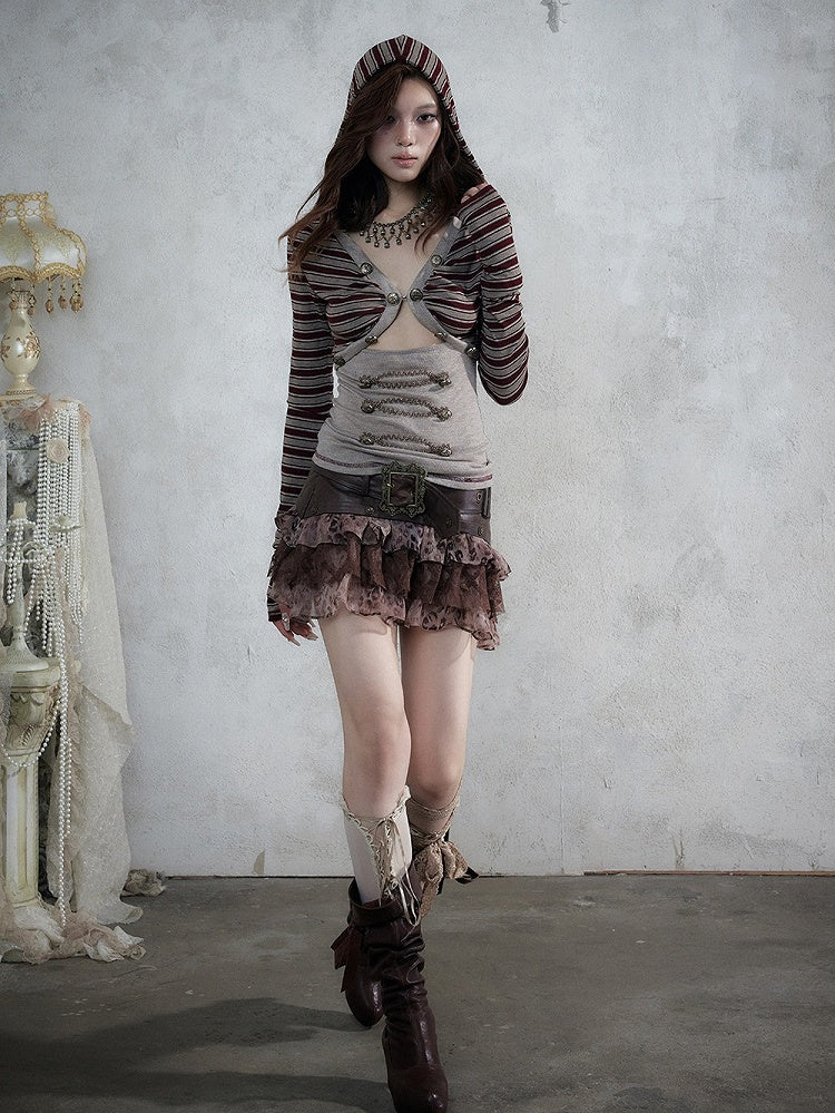 Red & Brown Striped V-Neck Hooded Knit Top with Long Sleeves & Faux Two-Piece Punk Style - NO ROMANCE