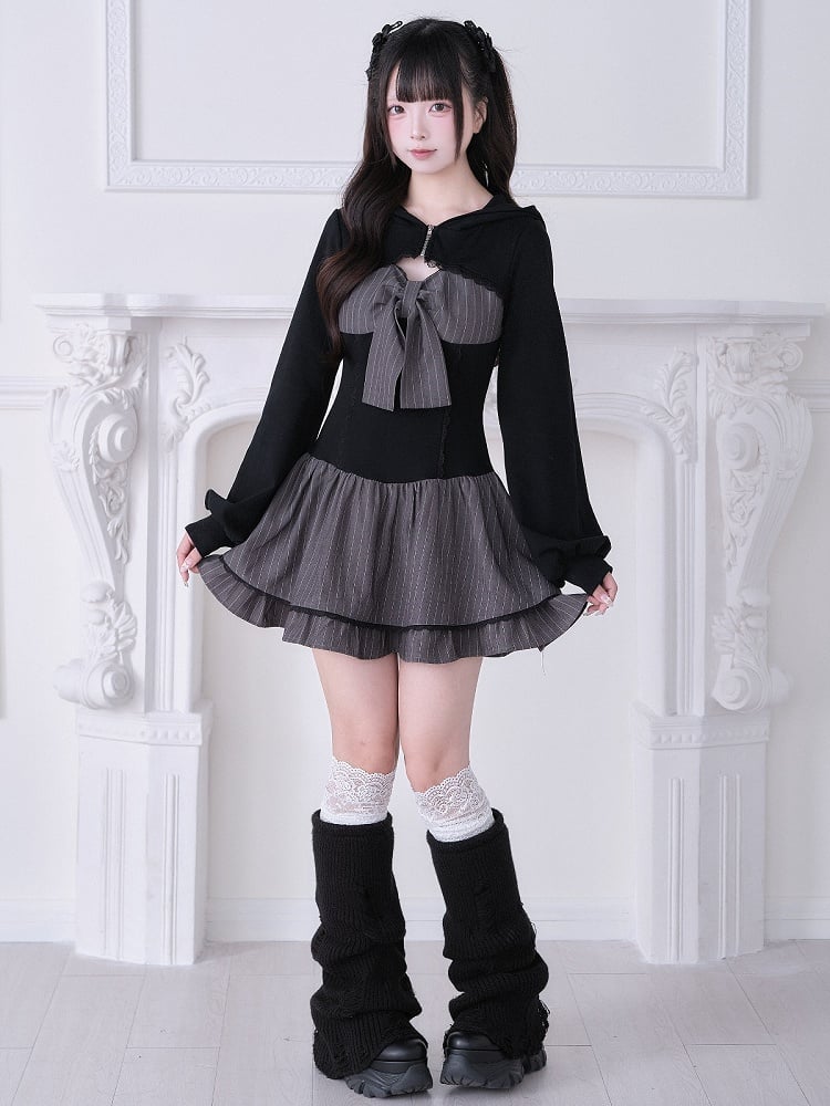 Long Design Sleeve With Black Hooded Jirai And Dress Kei Gray Striped