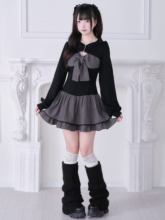 Long Design Sleeve With Black Hooded Jirai And Dress Kei Gray Striped