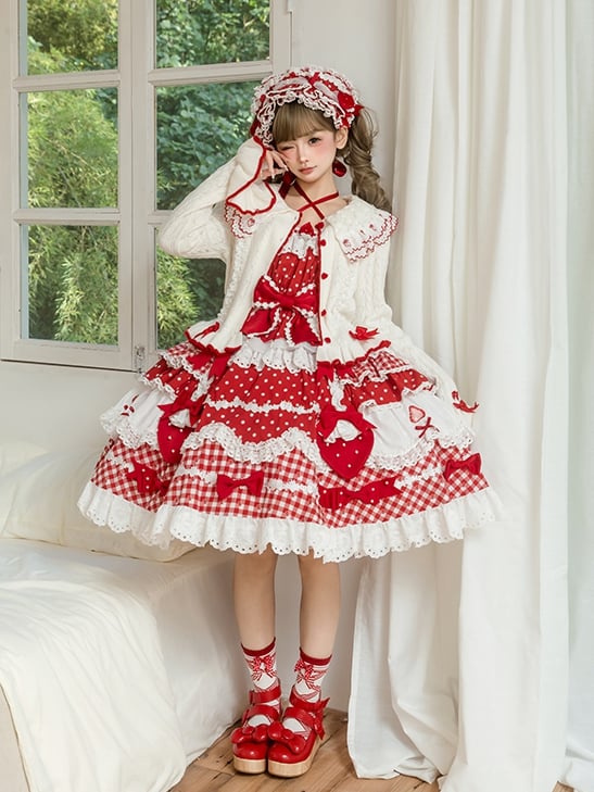 Sweet JSK Layered Dress Lolita Bow Red Accents with Skirt