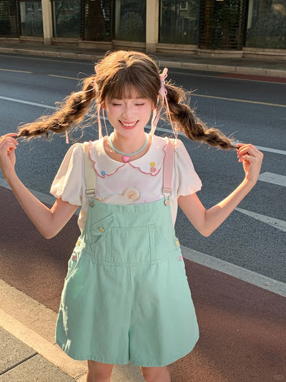 Denim Overall Shorts Grün Candy Farbe Pink/Mint