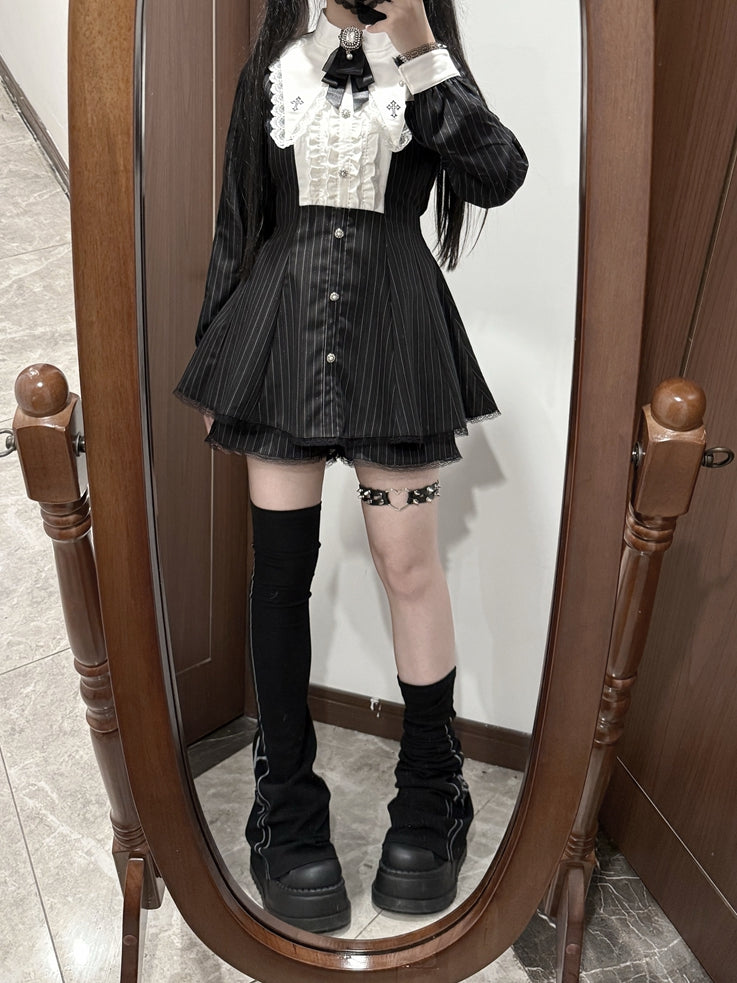 Kei Black Set: Jirai Striped Dress with Cross 3-Piece Embroidered Pointed Collar