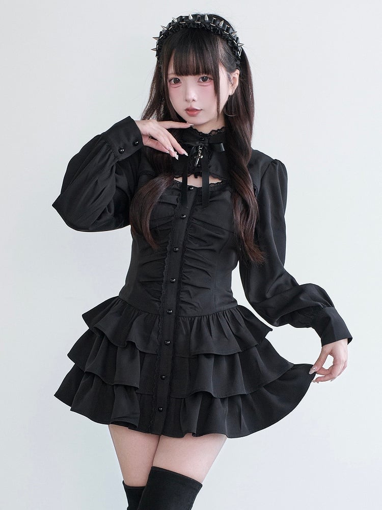 Set Multi-Layer Dress Black Cross Cut-Out Matching Shorts Bow + Decor Ruffled Kei Jirai