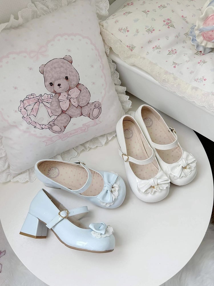 Bead - White Sweet Mid-heel Shoes -Toe Round Bow Lolita Mary Charm on Jane Top