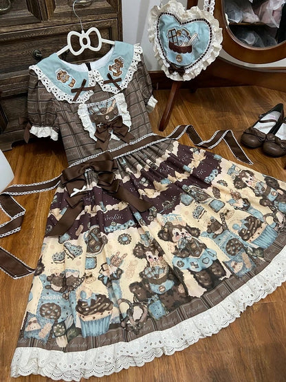 Puppy Sweet Full Cute Lolita Set Braune Taillenhohe und flauschige Kleid-Desserts