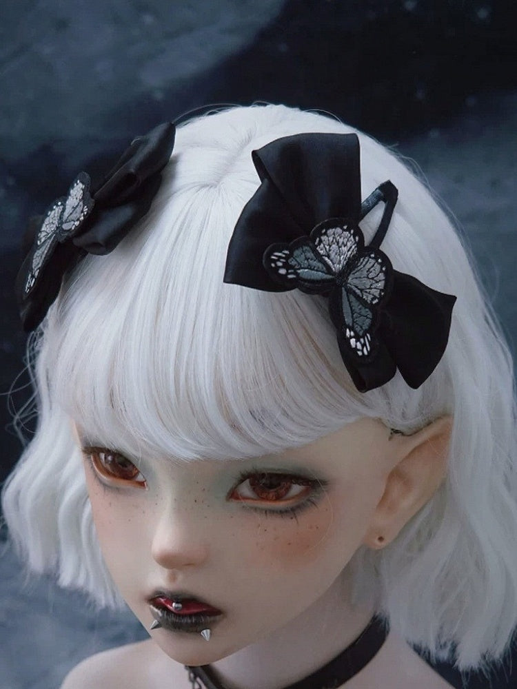 Ebony Gothic Bow Hair Clip with Butterfly Embroidery